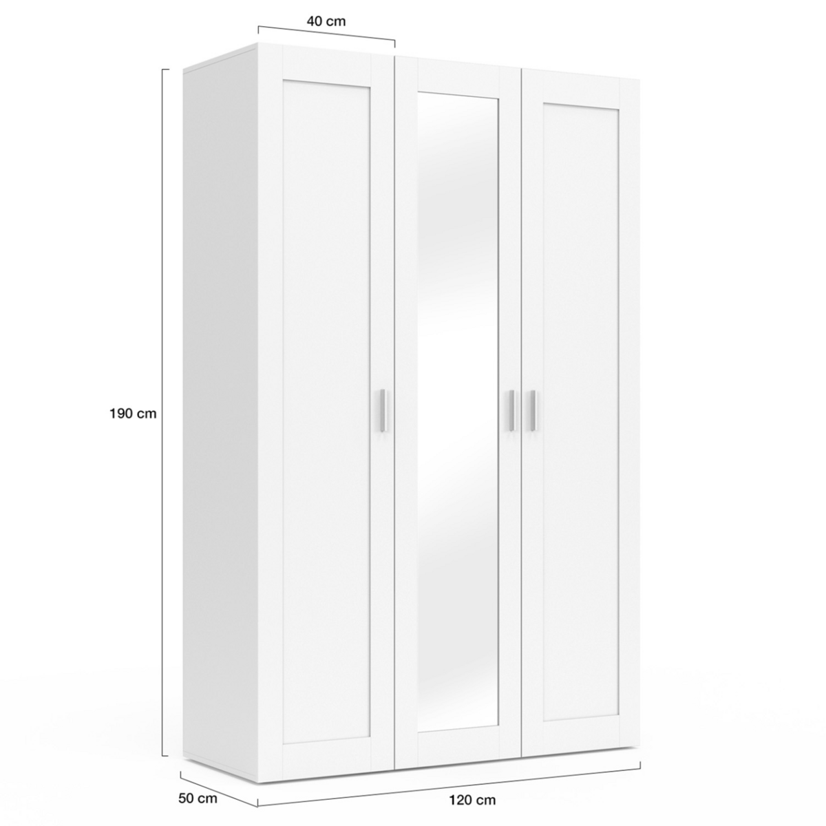 ID MARKET Armoire 3 portes VITO blanc penderie 120 cm avec miroir et étagères