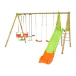 Trigano Portique bois et métal - 2,30m - 2 balançoires, 1 face a face, 1 nacelle et 1 toboggan 2,63m - KAHUNA TRIGANO