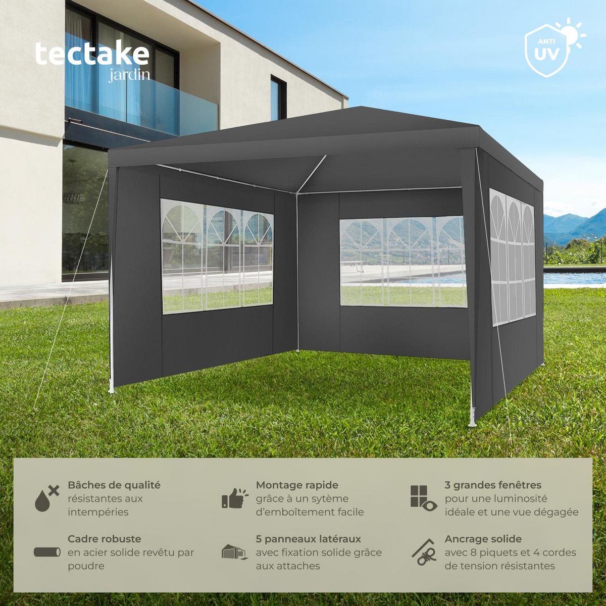 tectake Pavillon 3 x 3 m avec système d'emboîtement gris