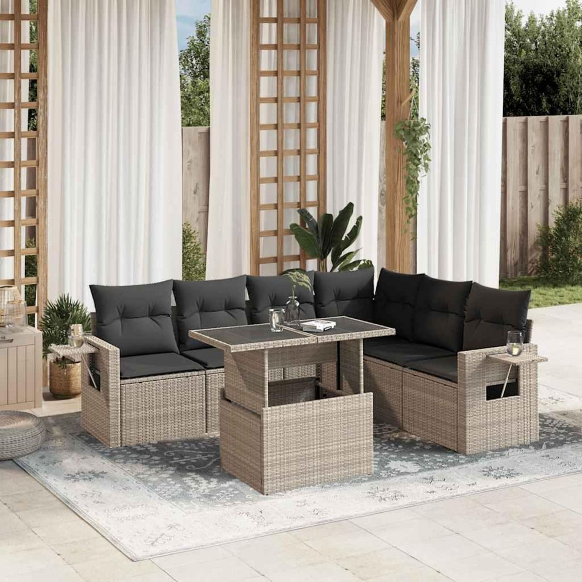 VIDAXL Salon de jardin avec coussins 7 pcs gris clair resine tressee