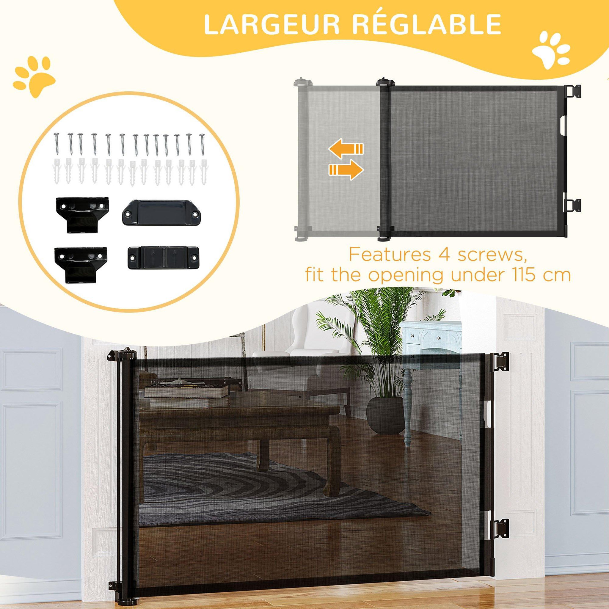 Voir la diapositive 5 : PAWHUT Barrière de sécurité barrière animaux rétractable automatique 1,65L x 0,85H m teslin alu. PVC noir