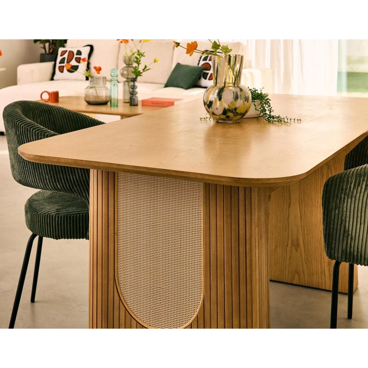 LISA DESIGN Milazzo - table à manger - bois plaqué chêne et cannage - 180 cm