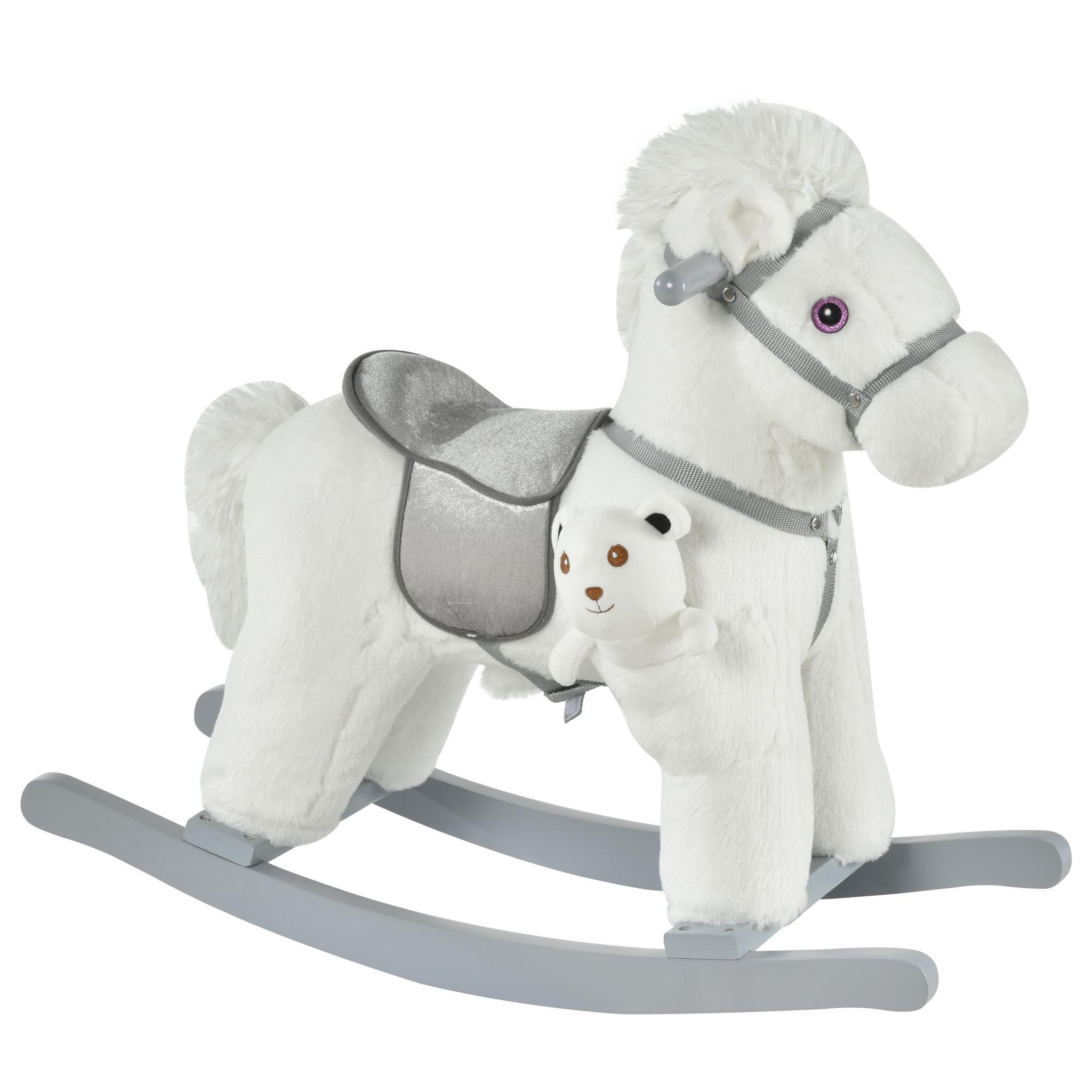 Voir la diapositive 1 : HOMCOM Cheval à bascule - effets sonores, peluche ourson inclus - poignées structure bois peuplier gris peluche courte douce blanc