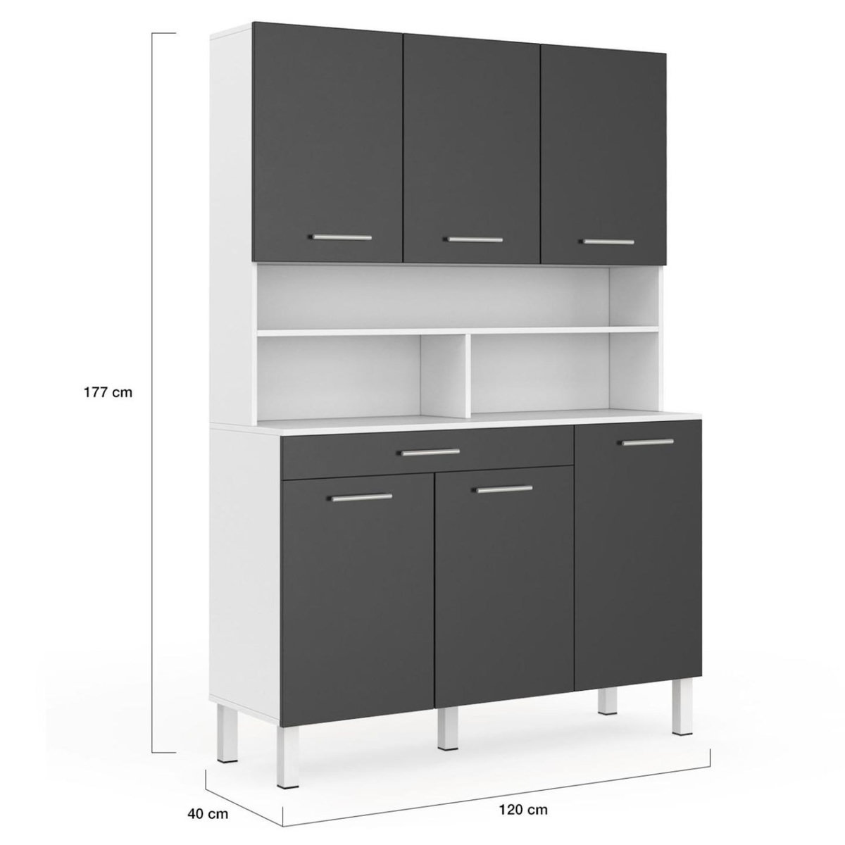 ID MARKET Buffet de cuisine 120 CM CINA 6 portes + tiroir blanc et gris brillant