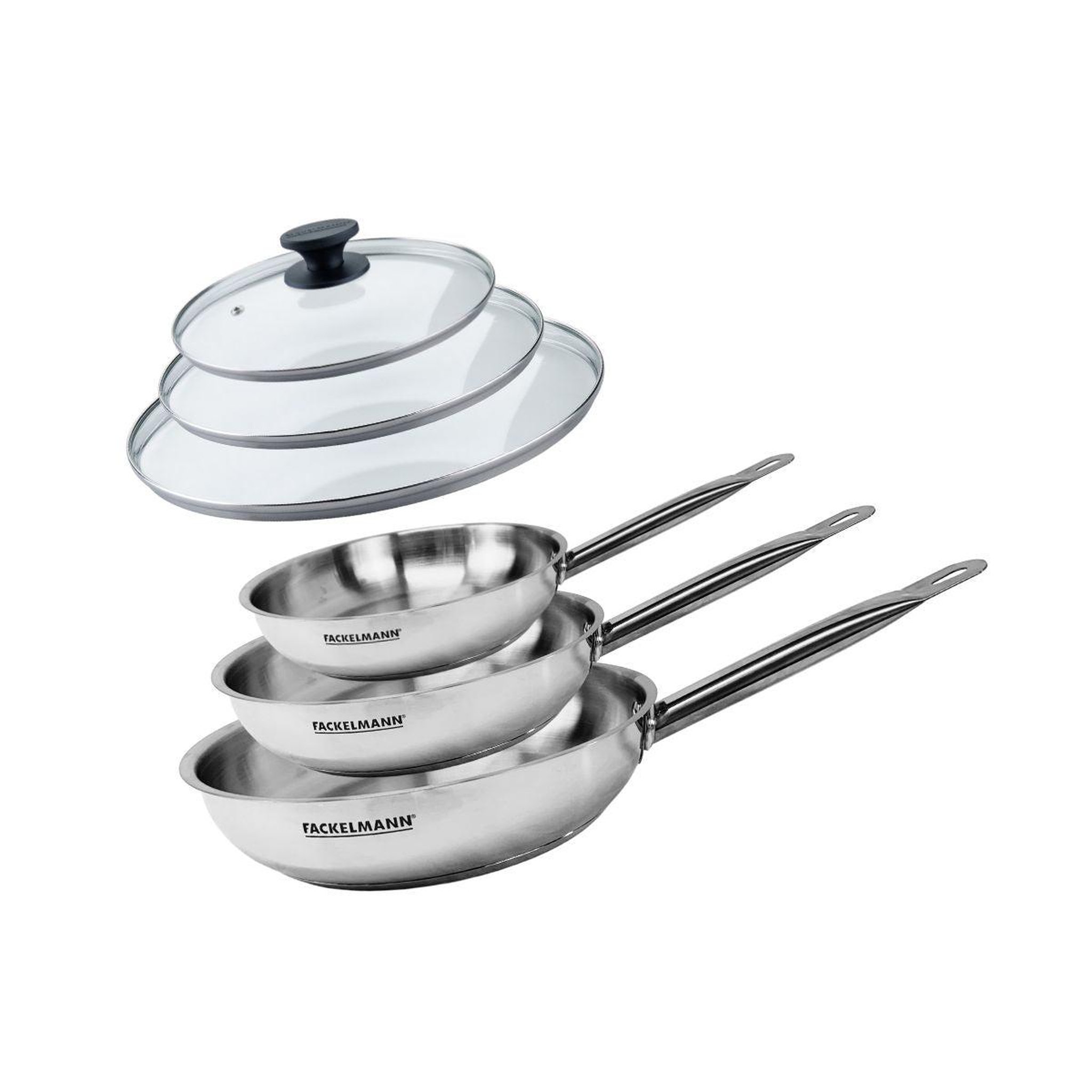 Fackelmann Set de 3 poêles 20 24 et 28 cm en inox et 3 couvercles en verre fackelmann eterna