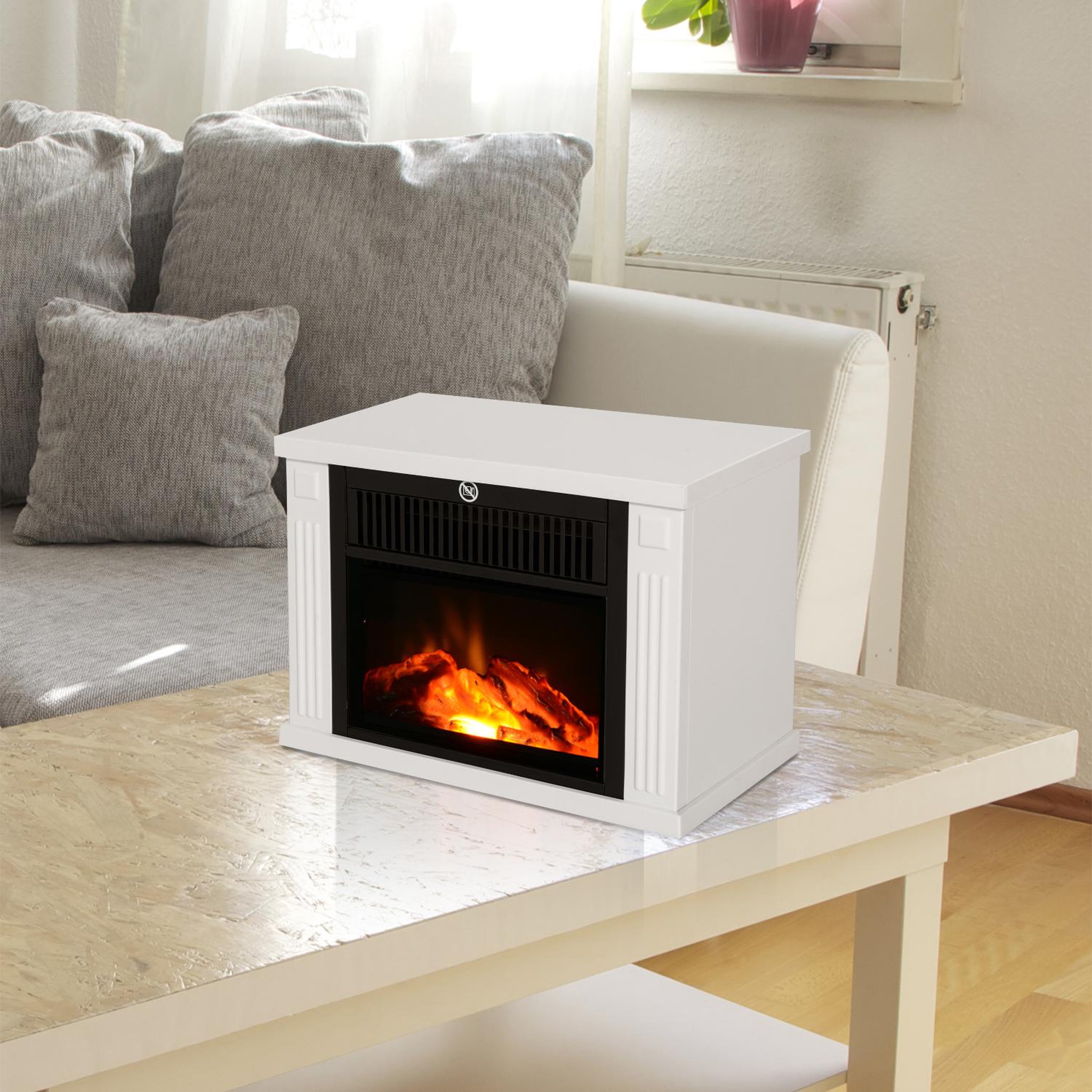 Voir la diapositive 2 : HOMCOM Cheminée électrique poêle style contemporain thermostat 600-1200 W blanc