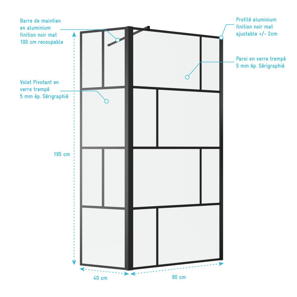 Aurlane Paroi de douche type indusriel noir avec volet piovant 90x195 cm - BRICKS 90+40