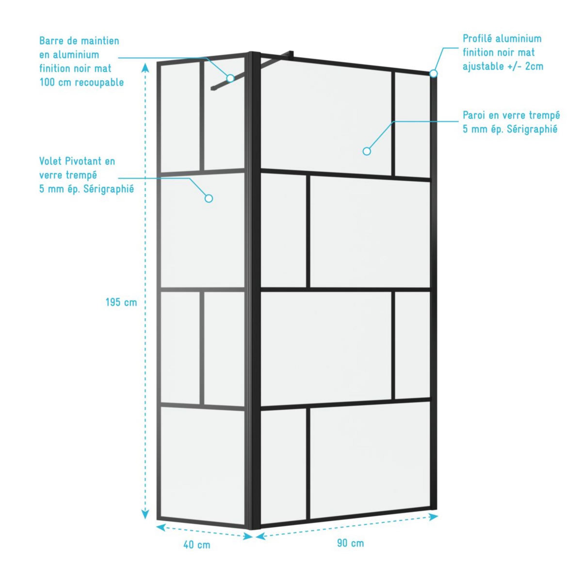 Aurlane Paroi de douche type indusriel noir avec volet piovant 90x195 cm - BRICKS 90+40