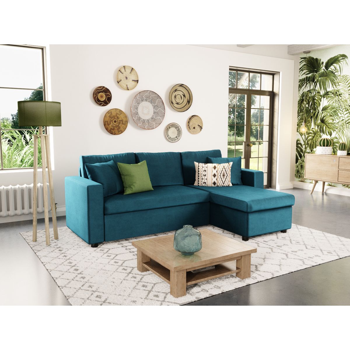 Canapé d'angle réversible convertible avec coffre en tissu ou velours GERALDINE 