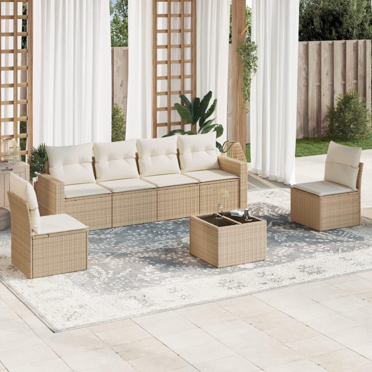 VIDAXL Salon de jardin avec coussins 7 pcs beige resine tressee