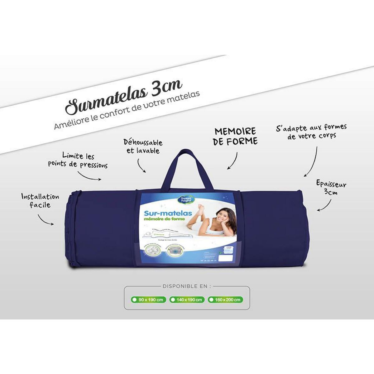 Sweetnight Surmatelas mémoire de forme épaisseur 3cm QUALITE HOTELLERIE DE LUXE