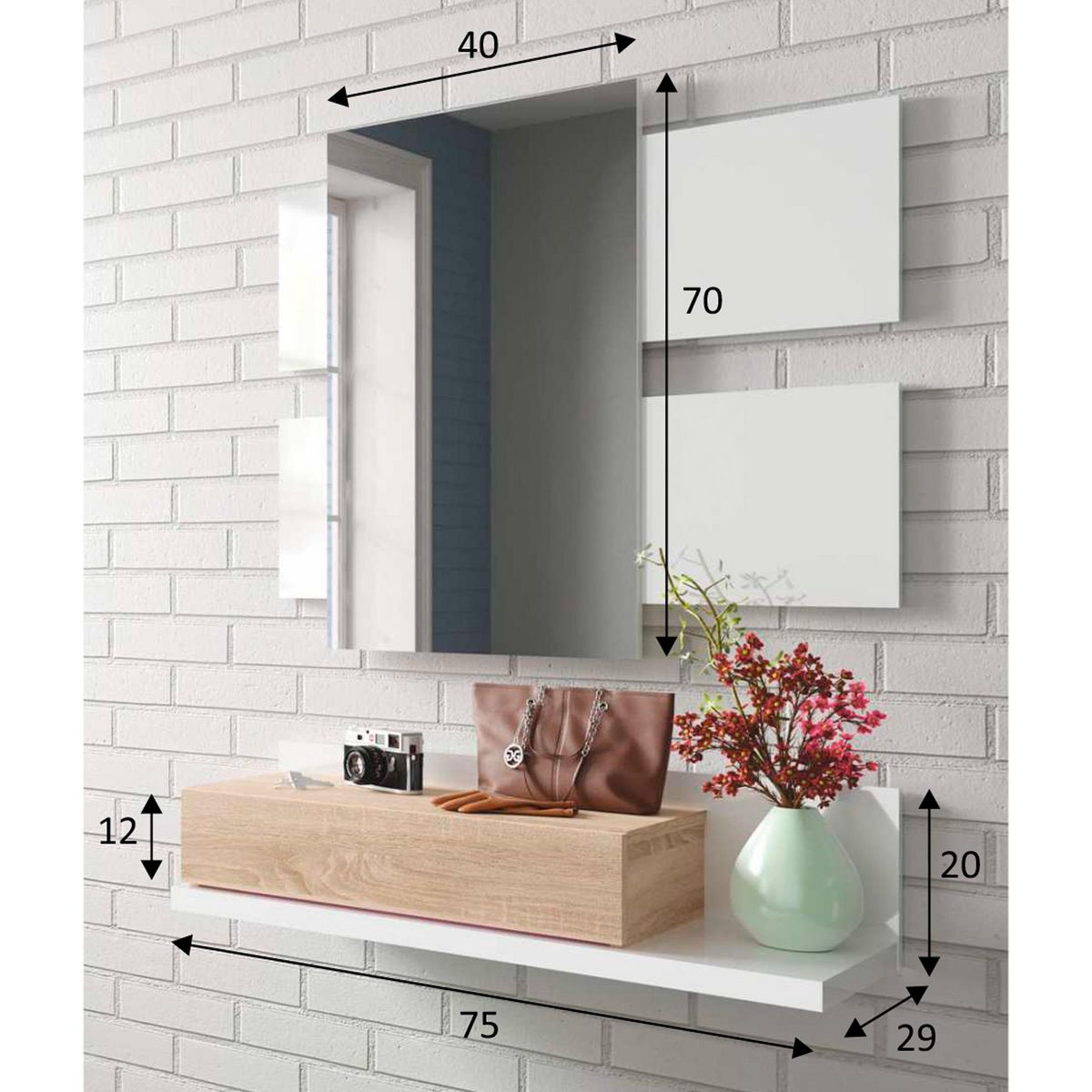 VS VENTA-STOCK Meuble d'entrée Telma avec 1 tiroir et Miroir Blanc/Chêne, 75 cm Largeur