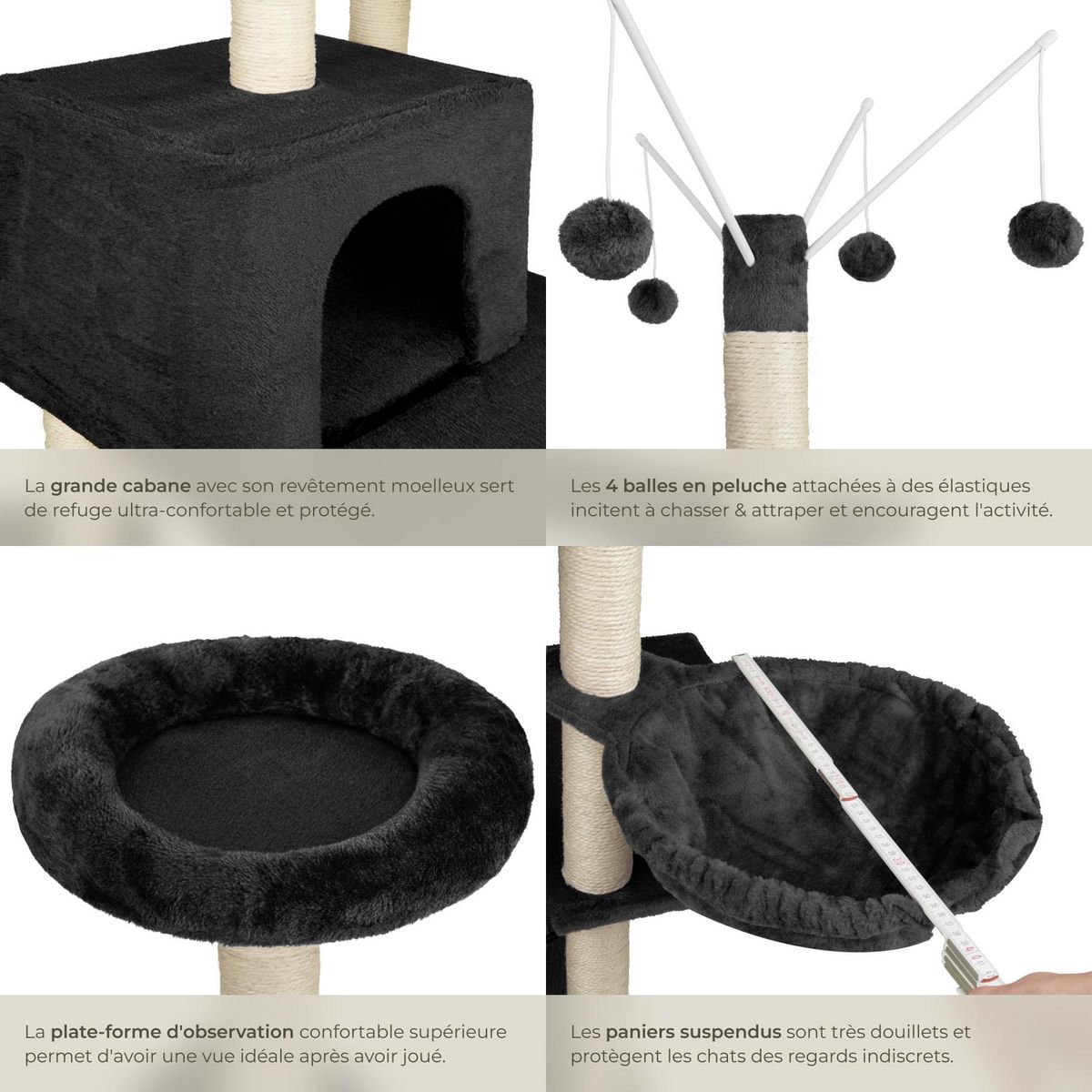 tectake Arbre à chat 165 cm avec griffoir et plateforme d'escalade noir