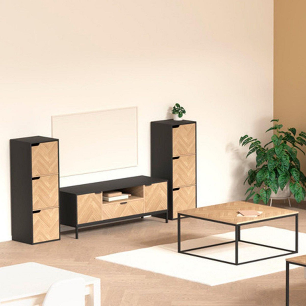 FIVE Table basse en bois et métal CHEVRONS - Beige et noir