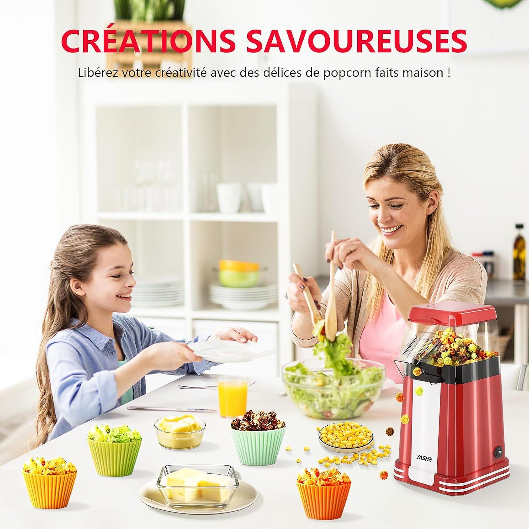 Voir la diapositive 6 : YASHE Machine à pop-corn 1200 W, air chaud, rouge