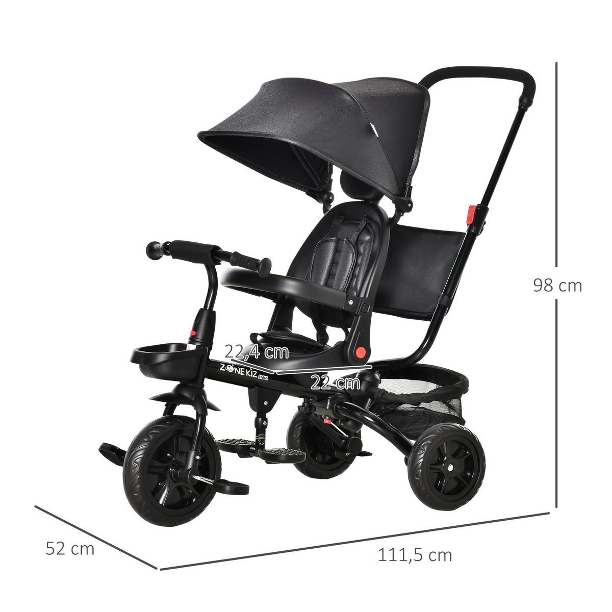 HOMCOM Tricycle enfant évolutif pliable - pare-soleil, canne télescopique amovible - siège pivotant, harnais, arceau sécurité - repose-pied - 3 paniers rangement - métal PP noir