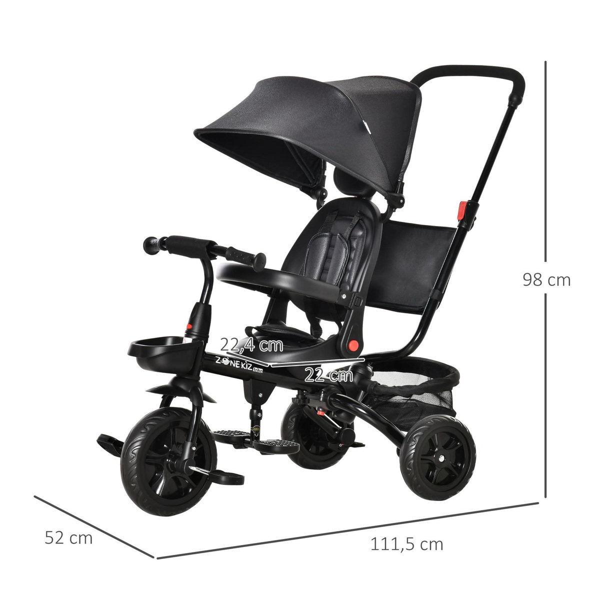 HOMCOM Tricycle enfant évolutif pliable - pare-soleil, canne télescopique amovible - siège pivotant, harnais, arceau sécurité - repose-pied - 3 paniers rangement - métal PP noir