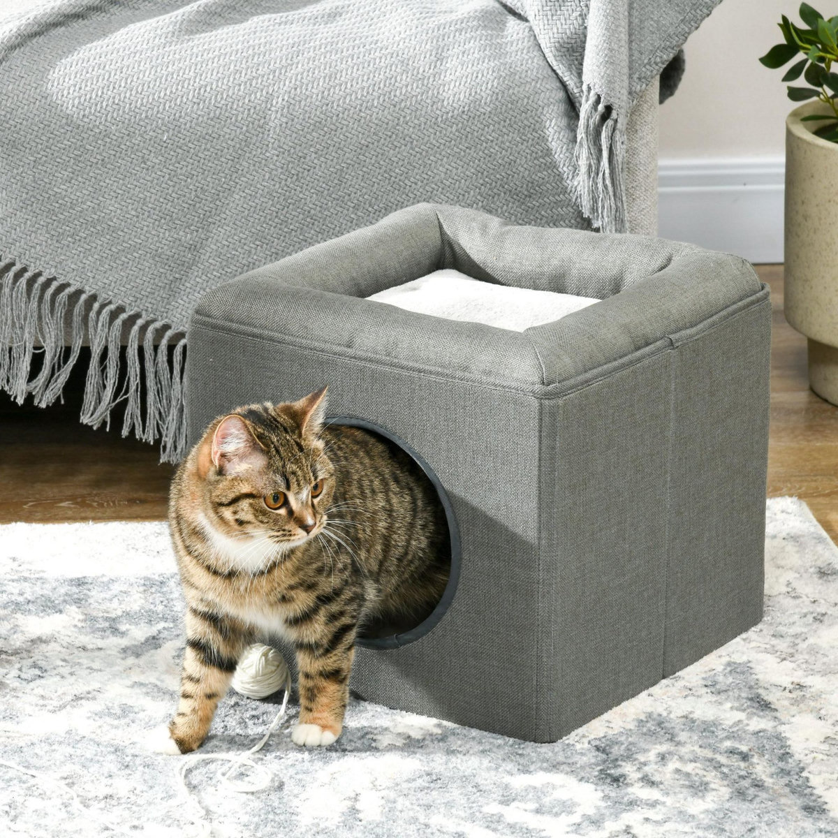 PAWHUT Panier chat pouf 2 en 1 - coussin amovible lavable - MDF PVC tissu aspect lin vert de gris