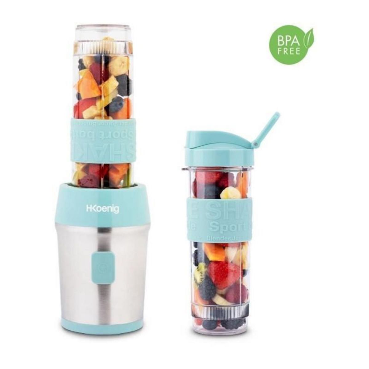 HKOENIG Mini blender - SMOO16 - 300 W - 570 mL - Bleu pastel - 2 gourdes incluses