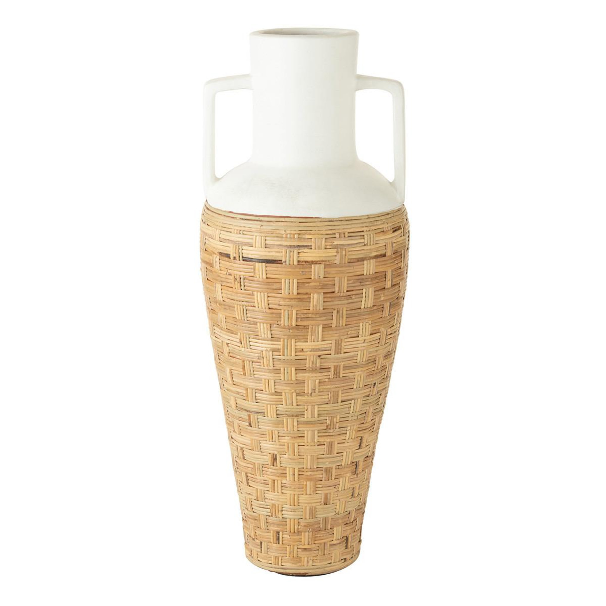 J-LINE Vase amphore avec tissage rotin  bali  100cm blanc & naturel