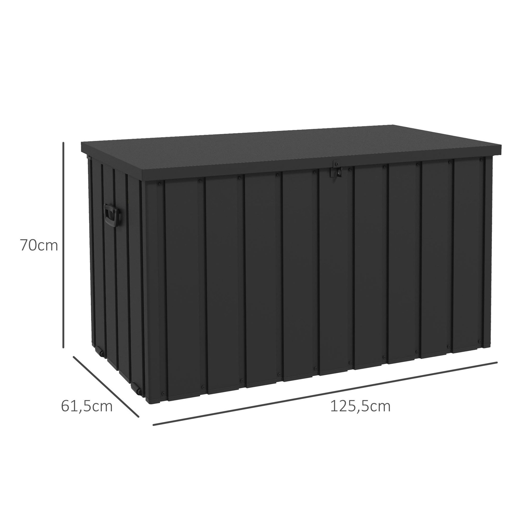 Voir la diapositive 3 : OUTSUNNY Coffre de rangement jardin capacité 450L - vérin à gaz, roulettes, poignée - acier PP anthracite