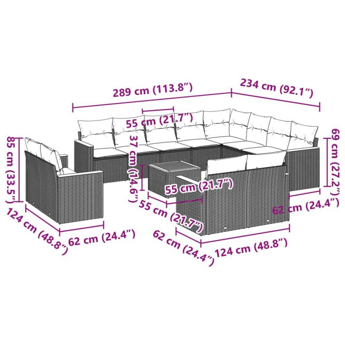 VIDAXL Salon de jardin avec coussins 13 pcs noir resine tressee