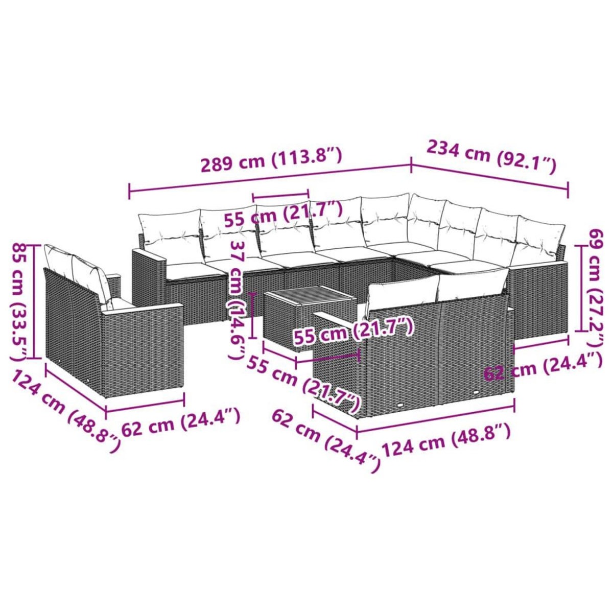 VIDAXL Salon de jardin avec coussins 13 pcs noir resine tressee