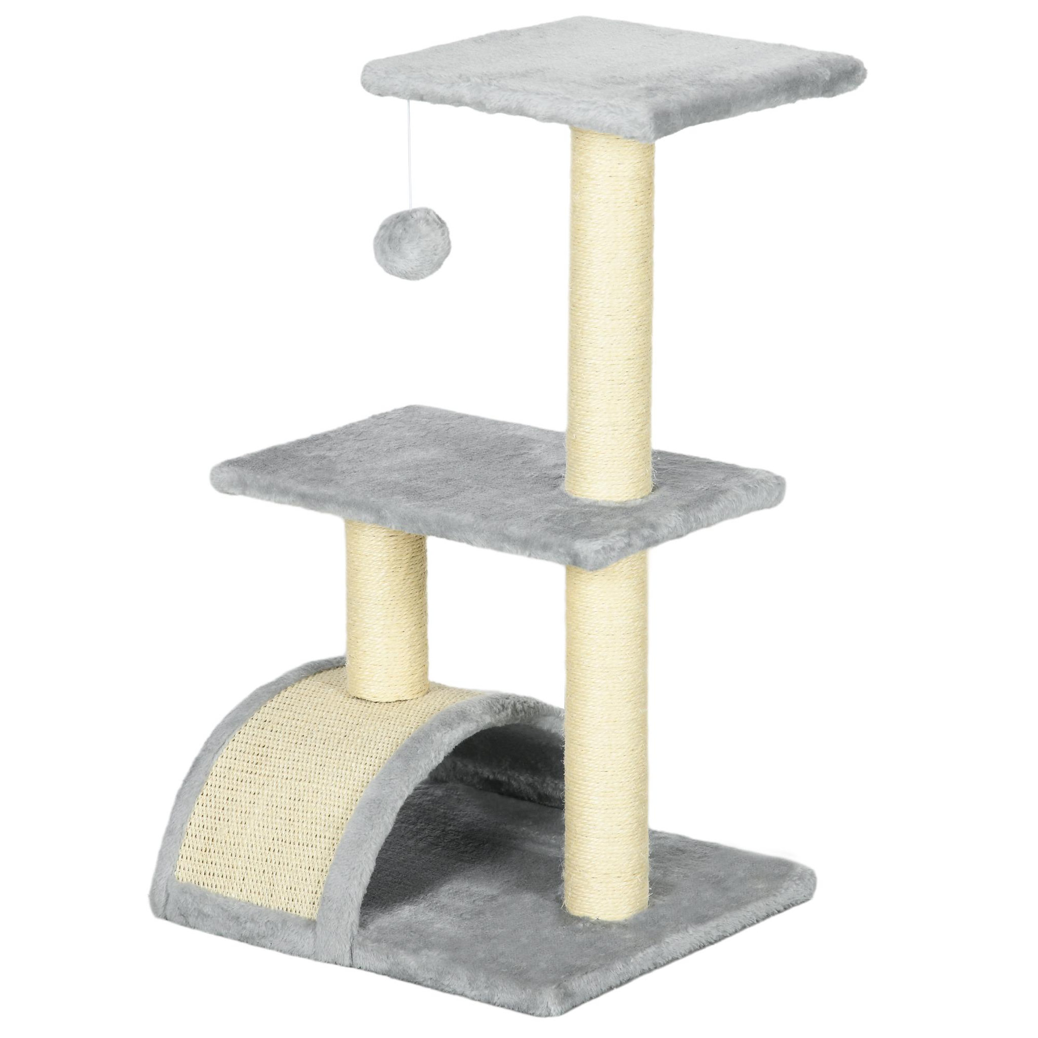 PAWHUT Arbre à chat griffoir grattoir design jeu boule suspendue 2 plateformes peluche sisal naturel gris clair