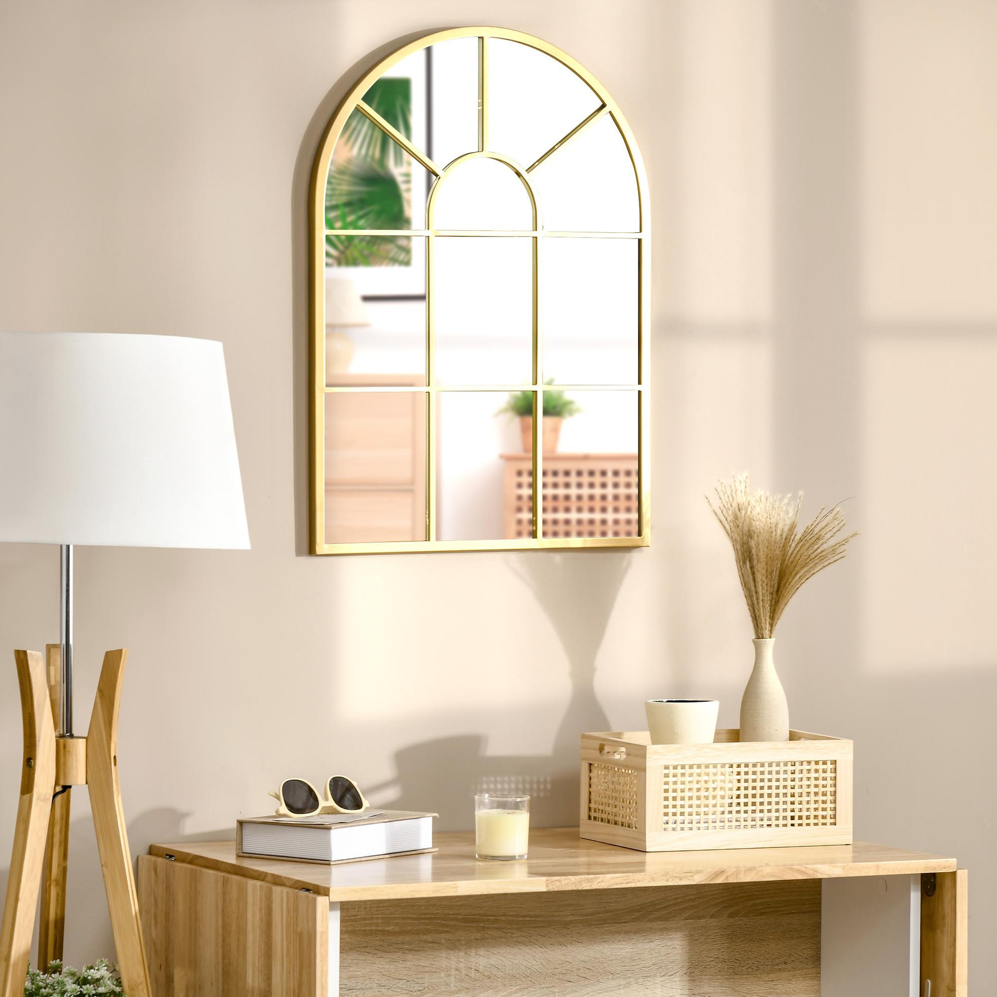 Voir la diapositive 6 : HOMCOM Miroir mural style art déco forme voûtée dim. 50L x 70H cm métal doré verre