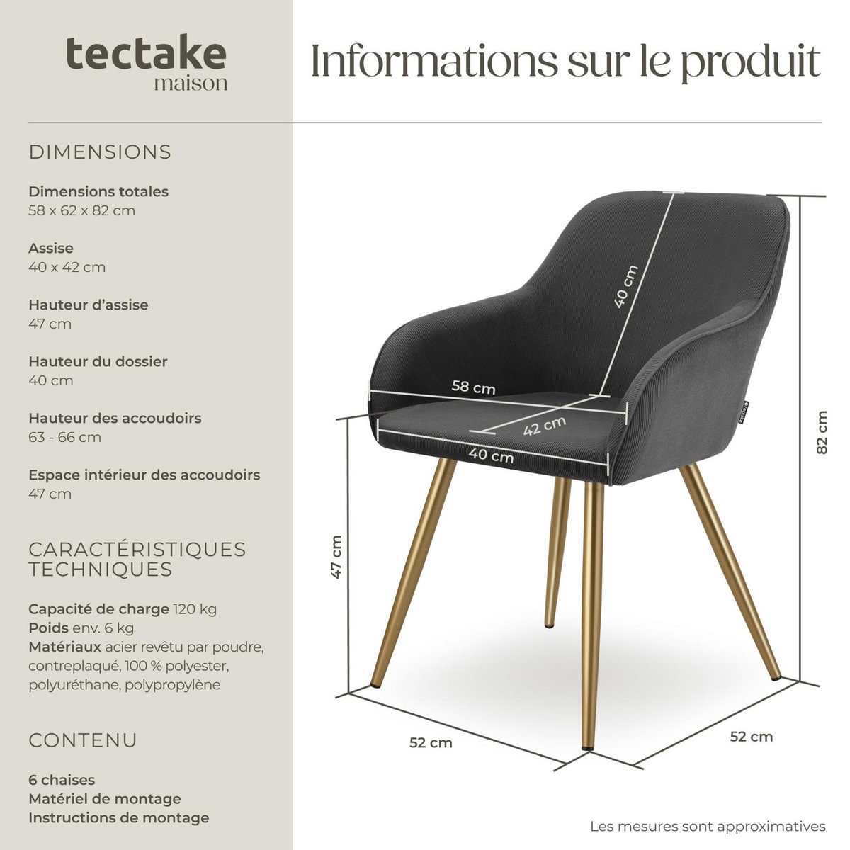 tectake Chaise de salle à manger rembourrée en velours côtelé gris anthracite/jaune or Lot de 6