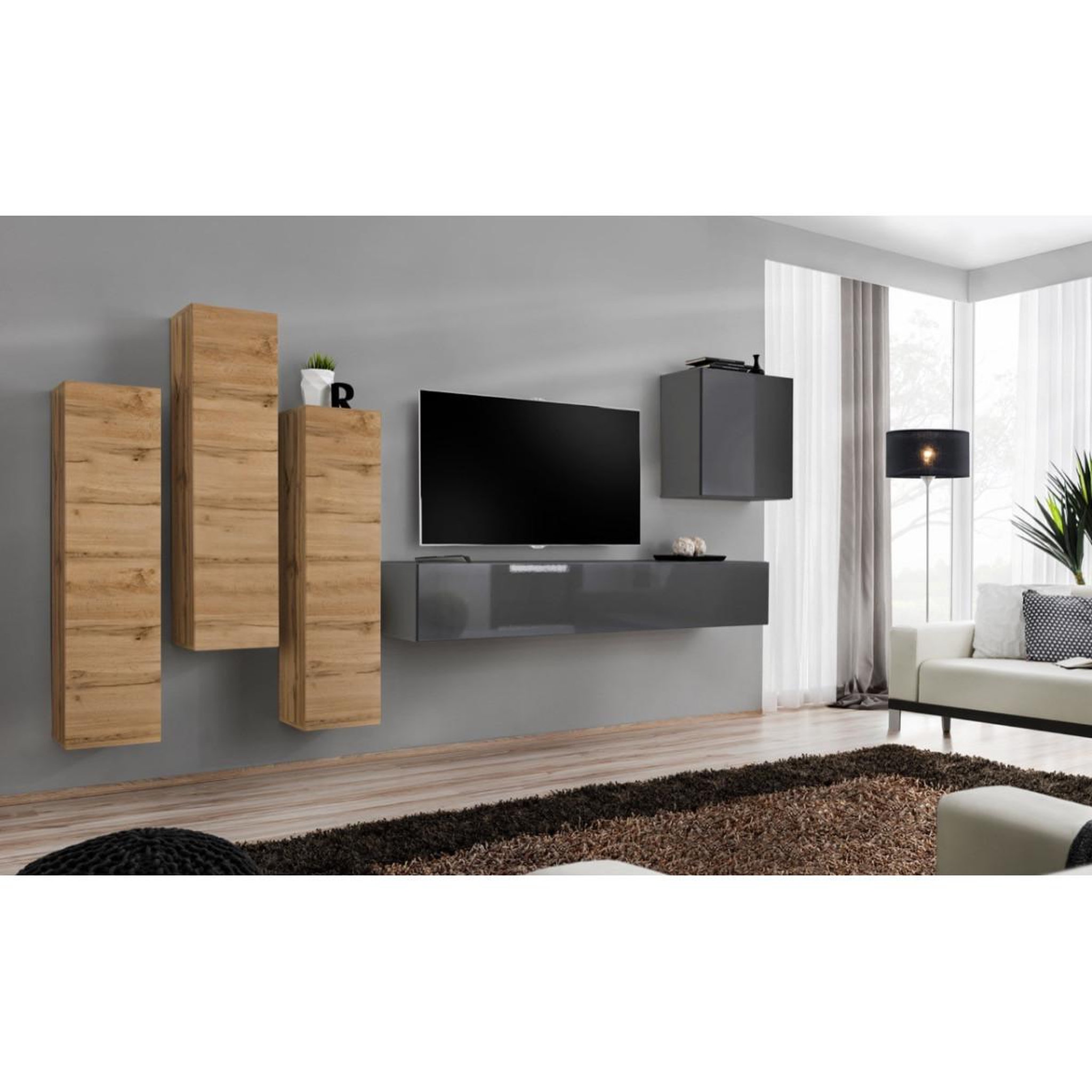 Voir la diapositive 2 : Paris Prix Meuble tv mural design  switch iii  330cm naturel & gris
