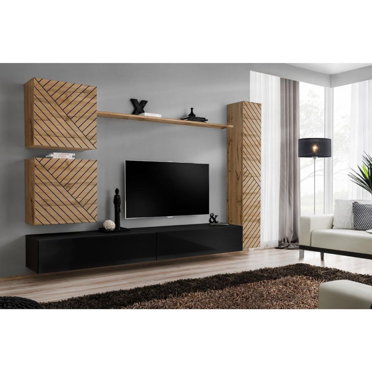 Paris Prix Ensemble Meuble TV  Switch Lamel VIII  280cm Noir & Naturel