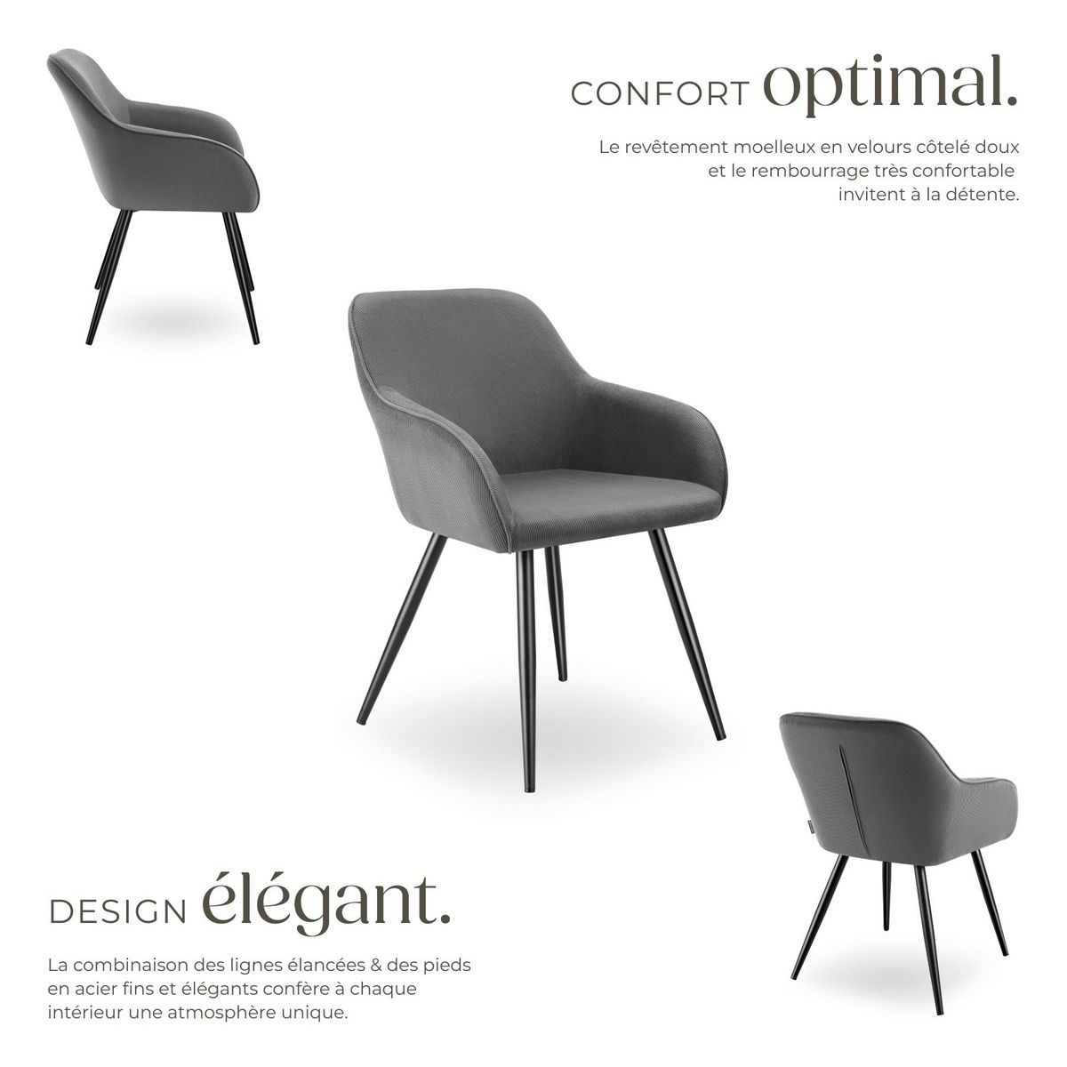 tectake Chaise de salle à manger rembourrée en velours côtelé gris/noir Lot de 4