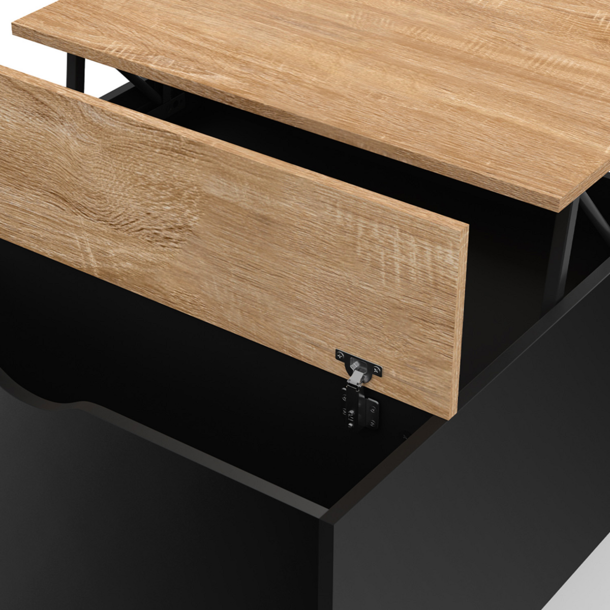 ID MARKET Table basse plateau relevable carrée ELEA avec coffre bois noir et façon hêtre