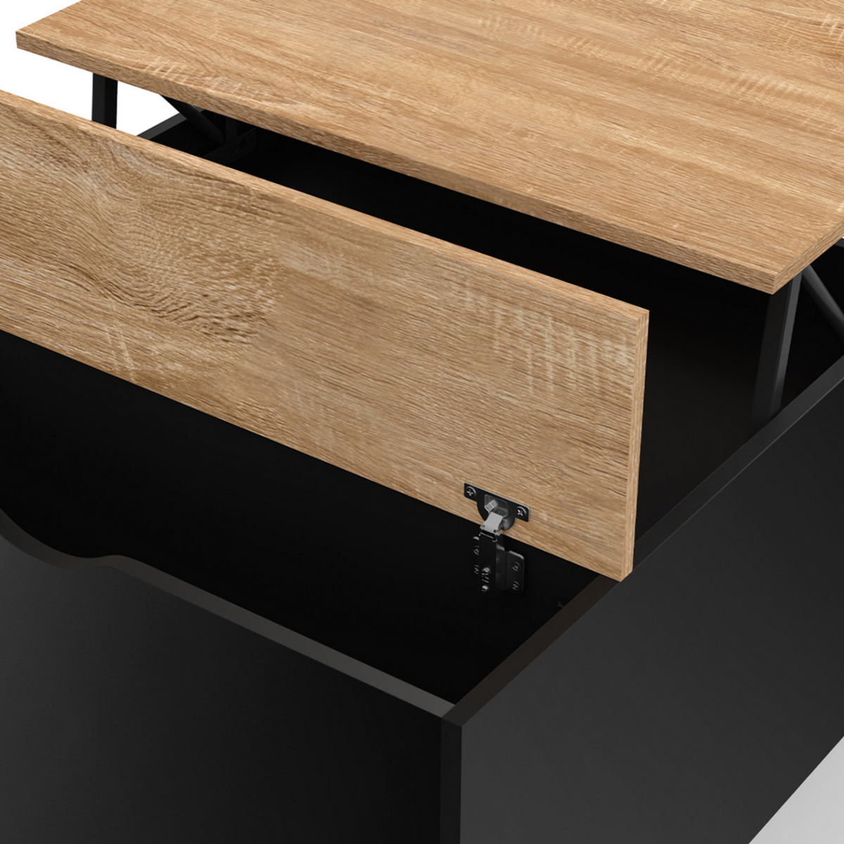 ID MARKET Table basse plateau relevable carrée ELEA avec coffre bois noir et façon hêtre