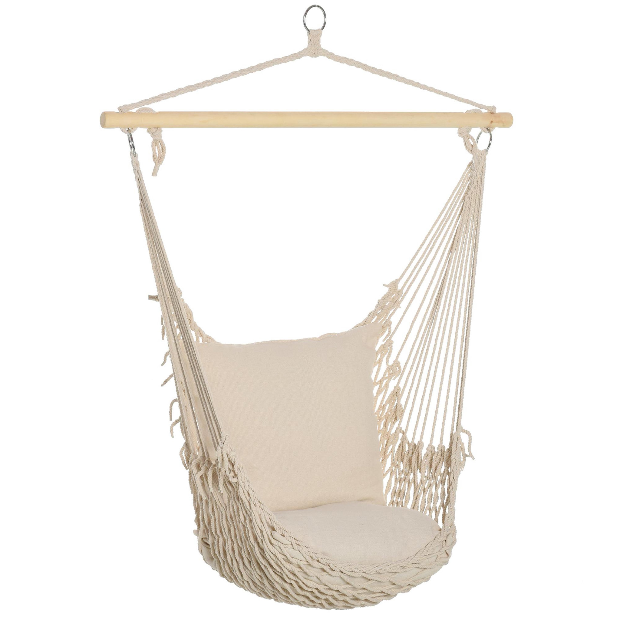 Voir la diapositive 1 : OUTSUNNY Chaise suspendue - fauteuil suspendu - assise dossier rembourrés - bois macramé tissu beige