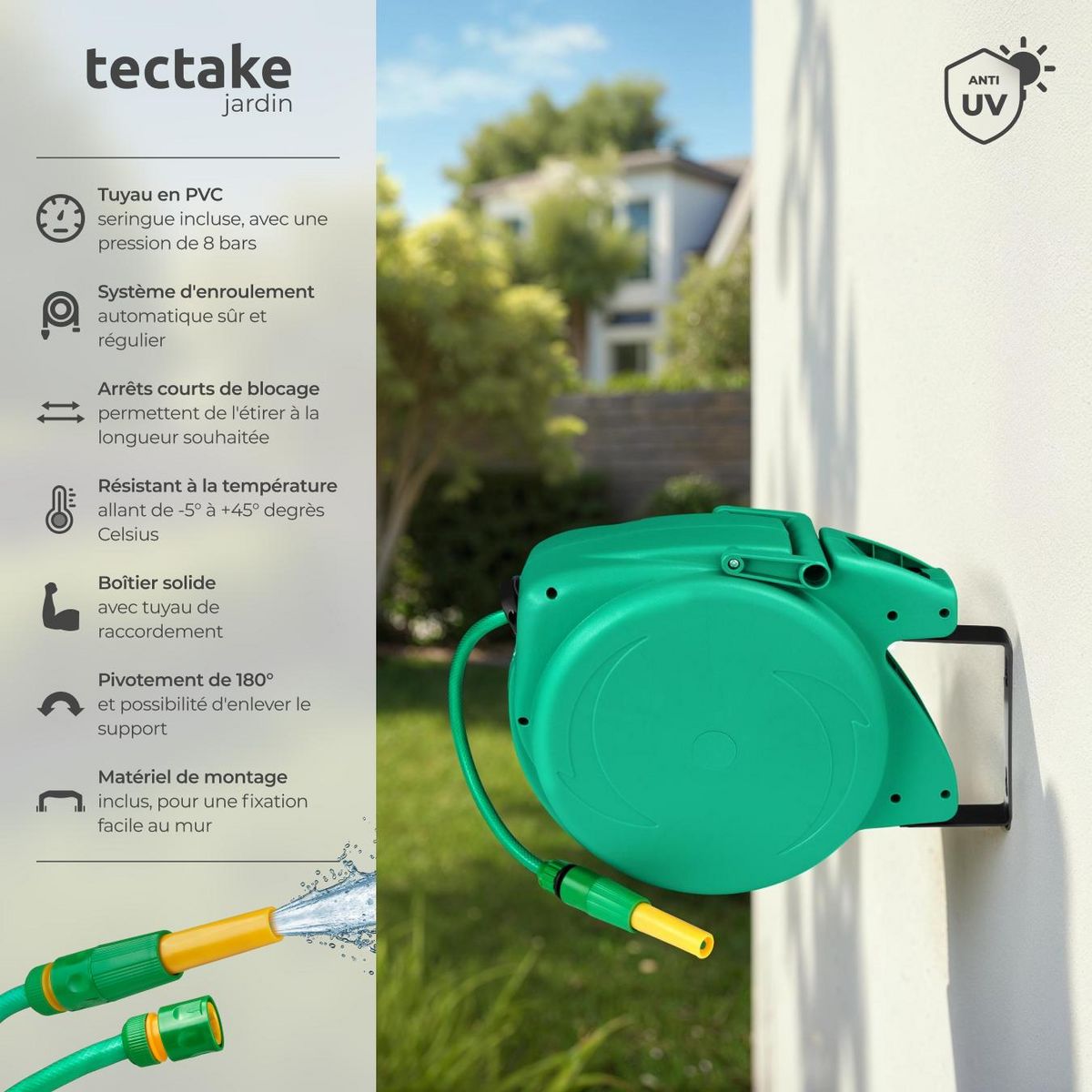 tectake Dévidoir à enroulement automatique pour tuyau d'arrosage avec raccord rapide 1/2 pouce vert