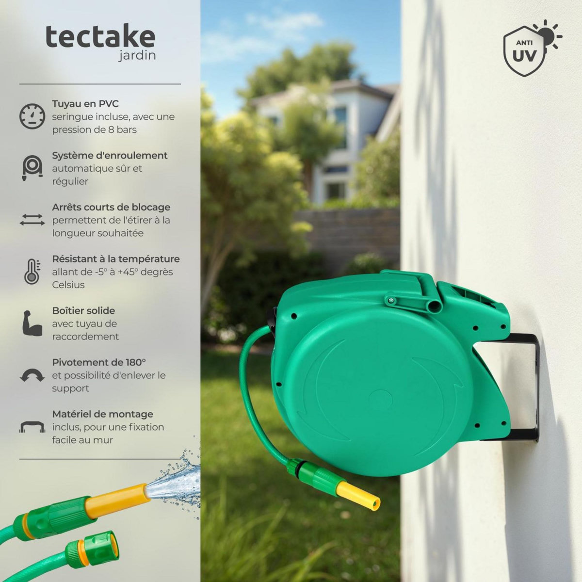 tectake Dévidoir à enroulement automatique pour tuyau d'arrosage avec raccord rapide 1/2 pouce vert