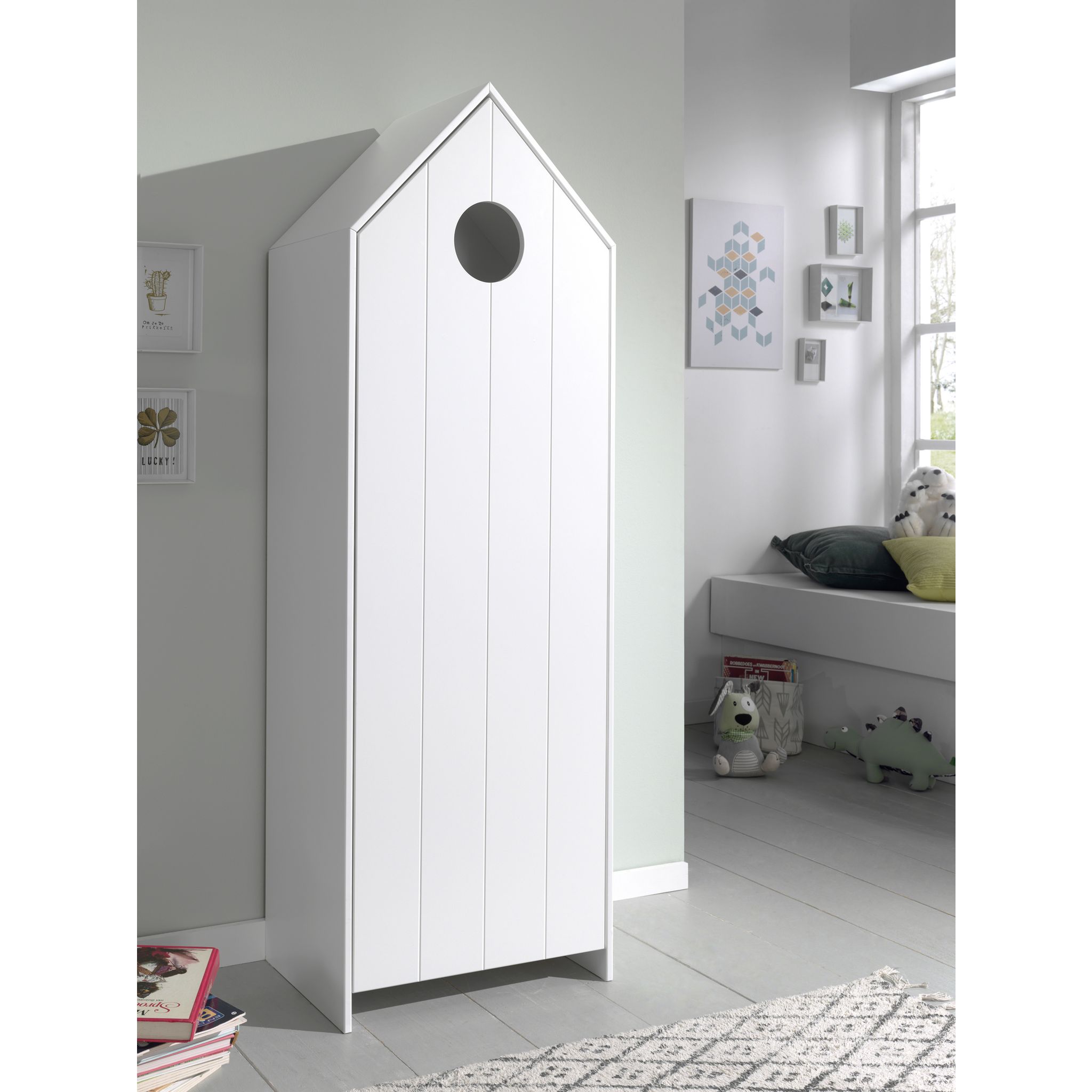 Bibliothèque armoire 1 porte chambre enfant esprit maison de plage ALIX. Coloris disponibles : Rose, Blanc, Gris, Vert