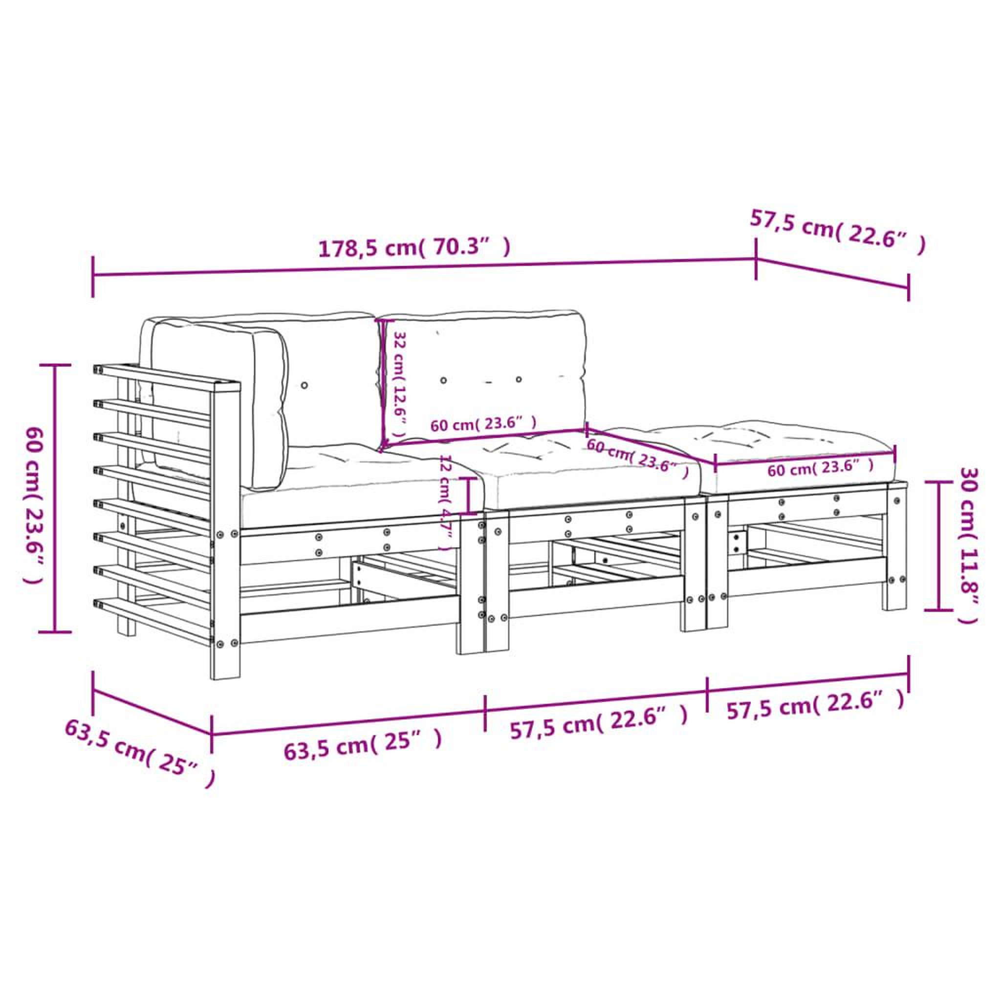 Voir la diapositive 6 : VIDAXL Salon de jardin 3 pcs avec coussins gris bois massif