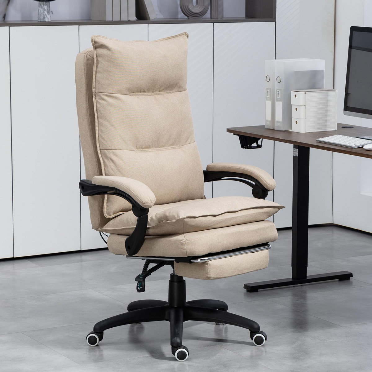 HOMCOM Fauteuil de bureau direction massant hauteur réglable dossier inclinable repose-pied intégré toile de lin beige