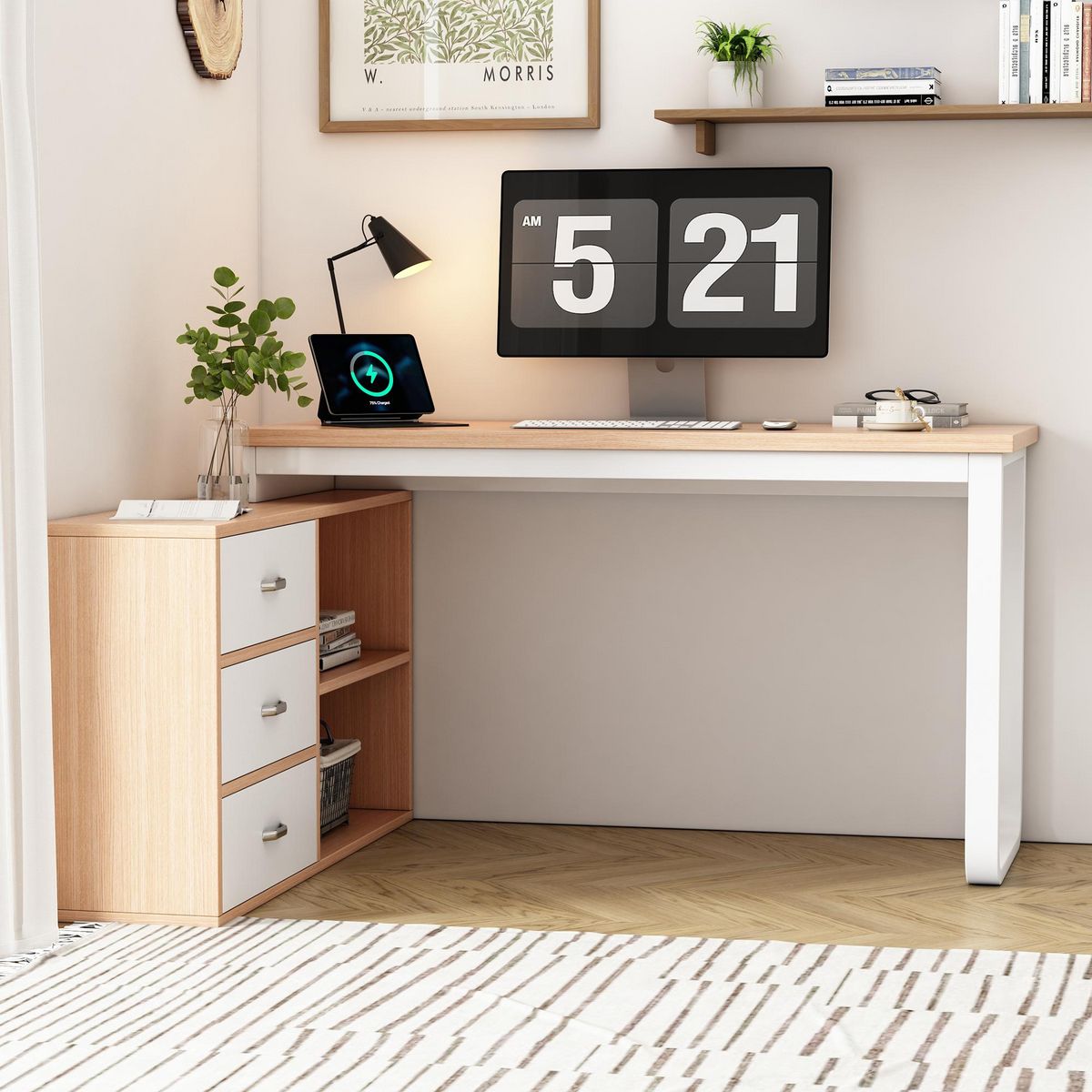 MERAX Bureau d'angle 147 cm coloris naturel+blanc mdf et métal