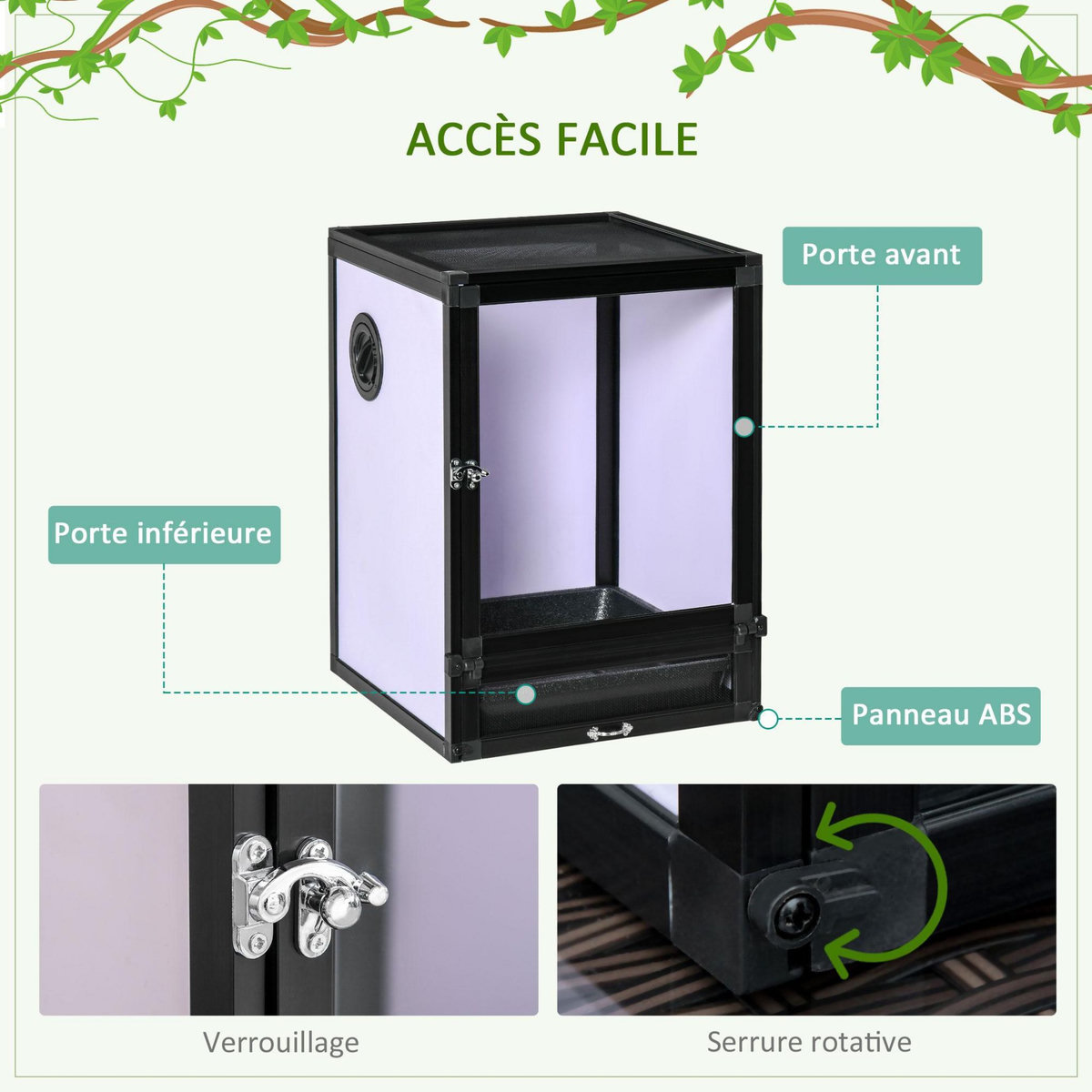 PAWHUT Terrarium vivarium boîte pour reptiles dim. 32L x 32l x 46H cm avec passe-câble, fond en ABS, plateau amovible noir blanc