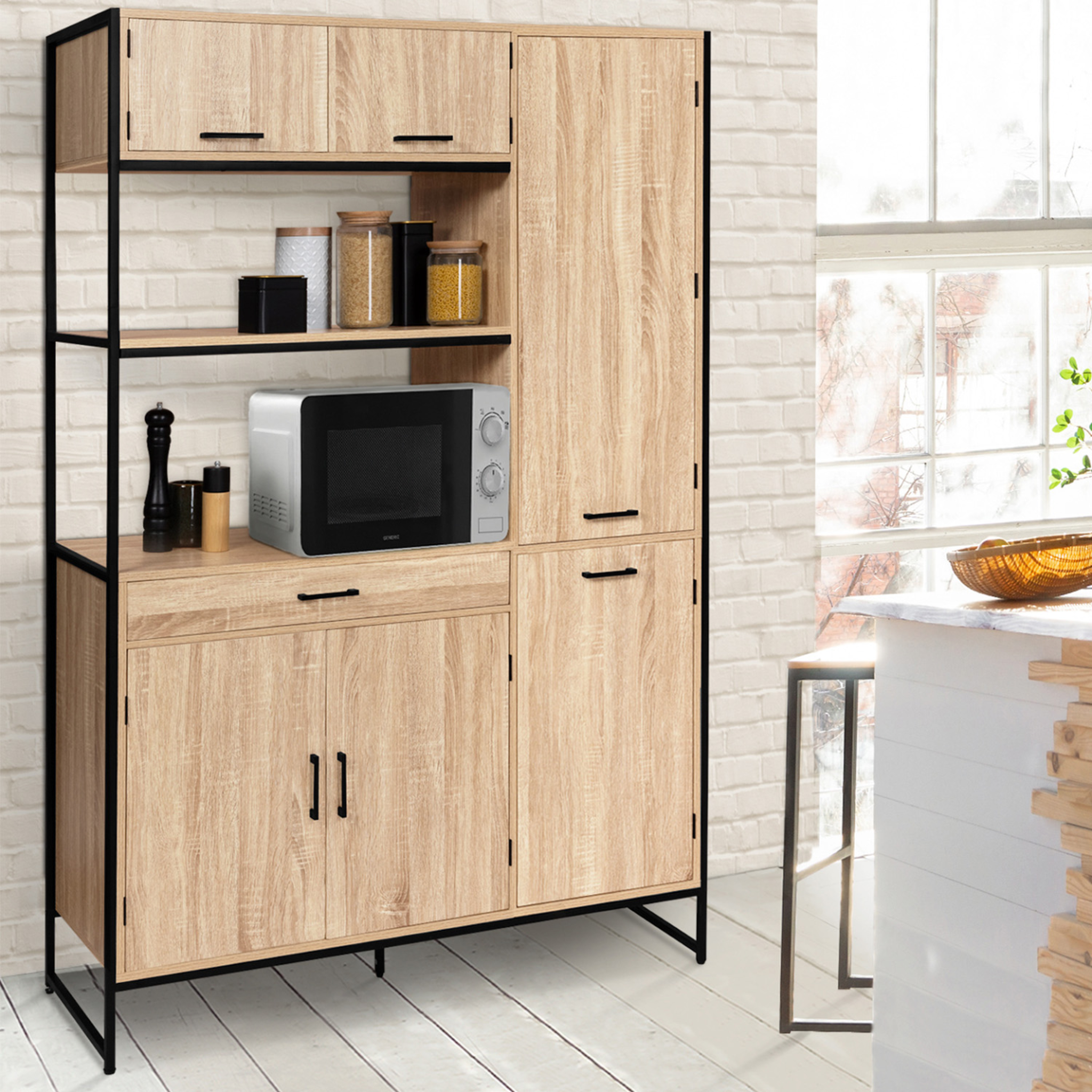 Voir la diapositive 2 : ID MARKET Buffet de cuisine avec colonne de rangement 120 cm detroit 6 portes + tiroir design industriel