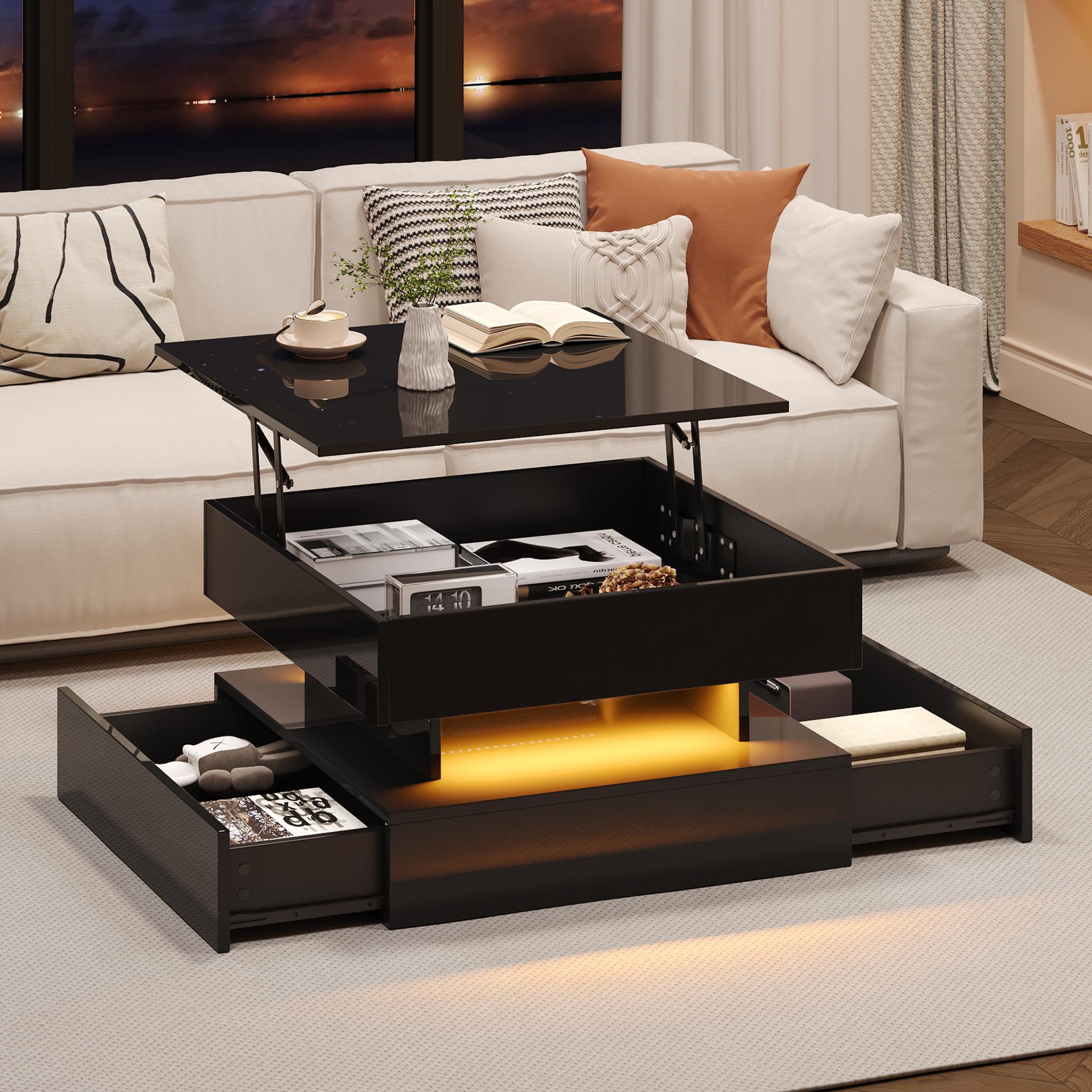 Voir la diapositive 2 : MERAX Table basse relevable carrée noir - 65x65 cm led panneau de particules