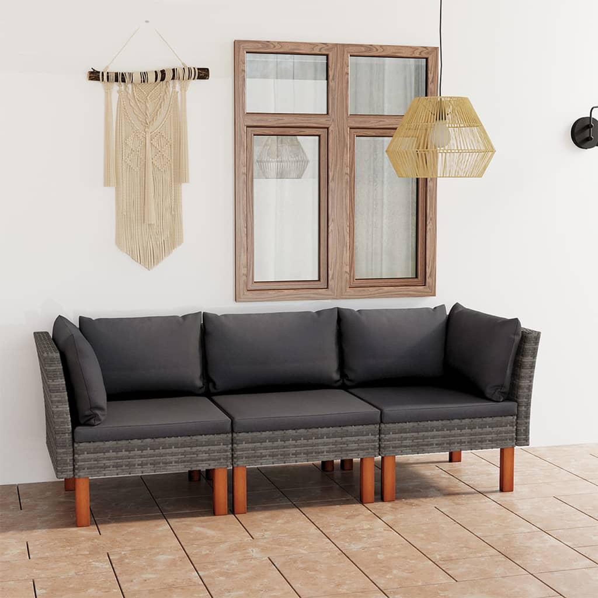 Voir la diapositive 1 : VIDAXL Canape de jardin a 3 places avec coussins Gris Resine tressee