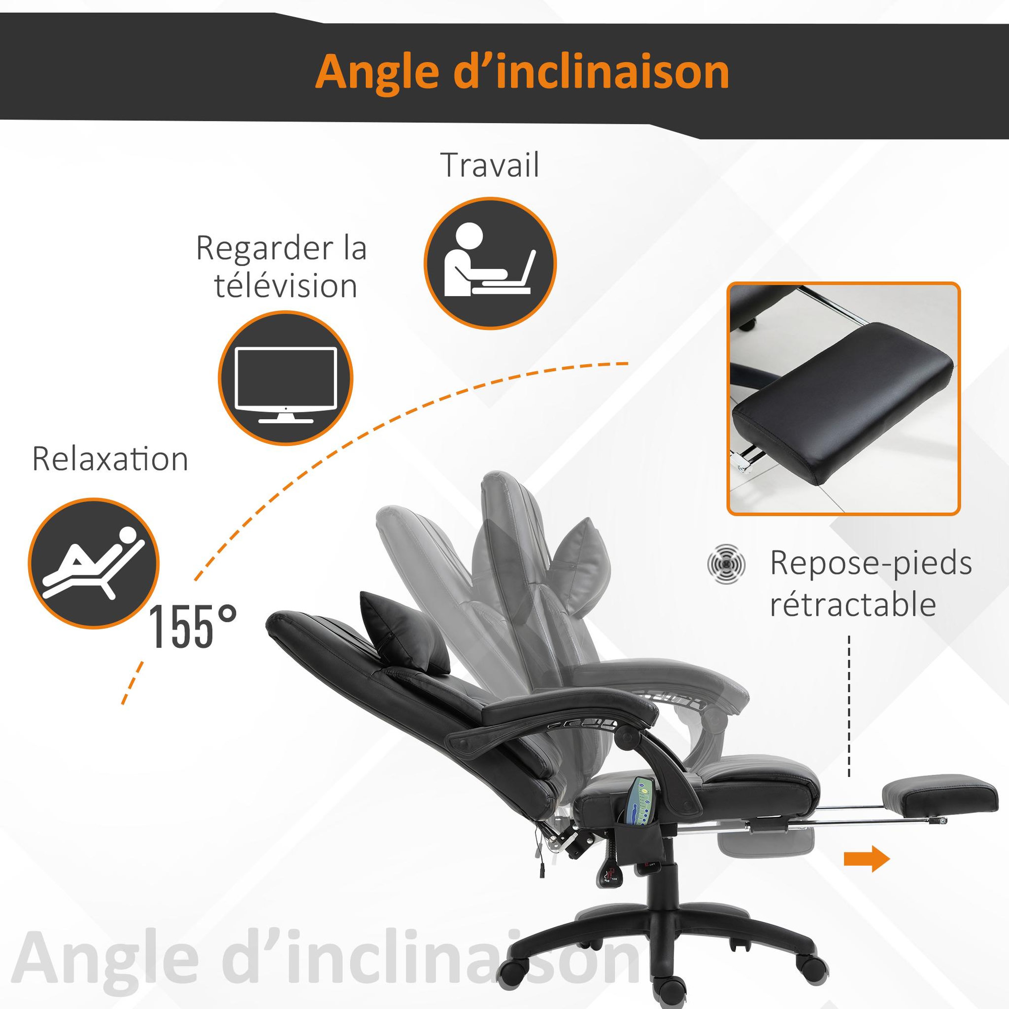 Voir la diapositive 5 : HOMCOM HOMCOM Fauteuil de bureau manager massant hauteur réglable dossier inclinable repose-pied + appui-tête 68 x 79 x 104-112 cm noir