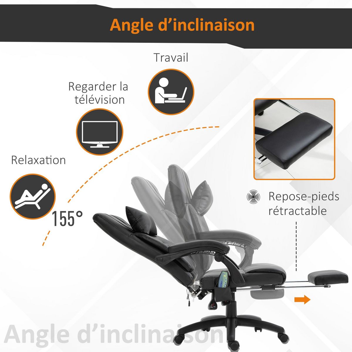 HOMCOM HOMCOM Fauteuil de bureau manager massant hauteur réglable dossier inclinable repose-pied + appui-tête 68 x 79 x 104-112 cm noir