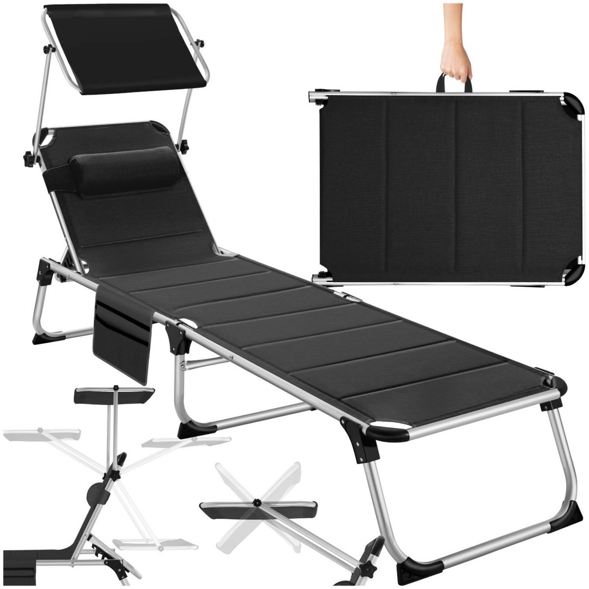 tectake Bain de soleil rembourré et pliable noir