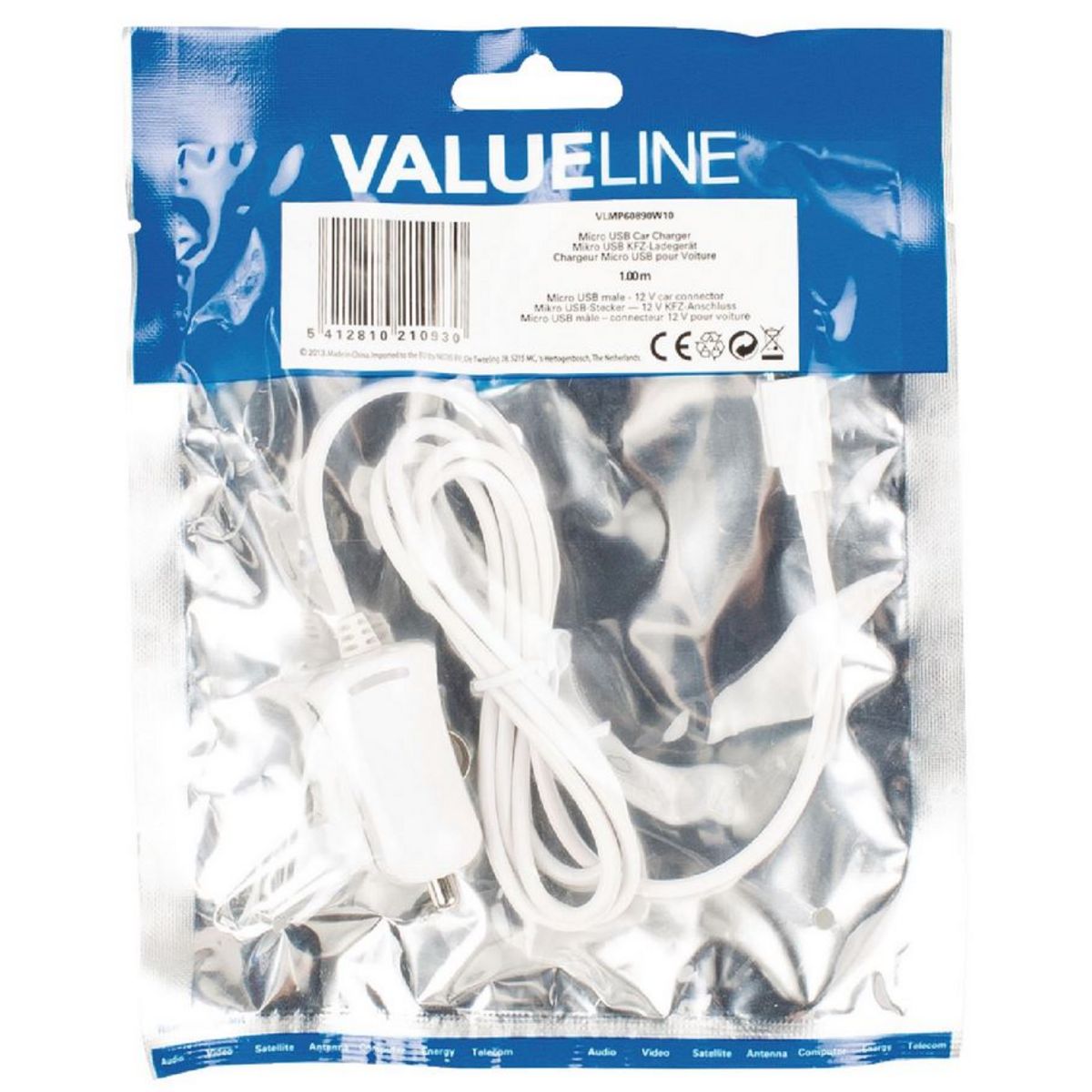 ValueLine Chargeur micro USB mâle pour micro USB pour voiture - Blanc